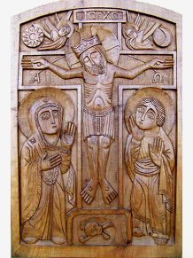 Christ en croix, à sa droite, Marie, à sa gauche, l'apôtre Jean
