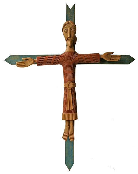 Christ en croix en robe, les yeux ouverts