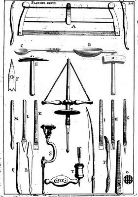 Gravure ancienne représentant des outils de sculpture sur pierre