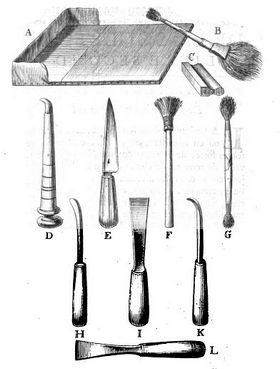 Gravure ancienne représentant des outils de dorure