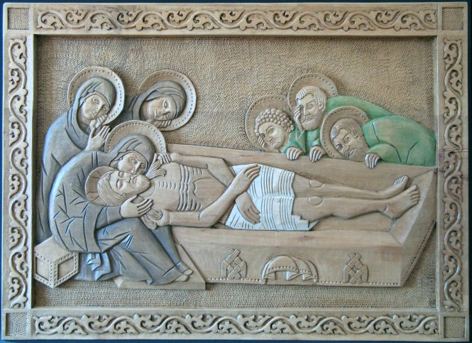 Marie et les deux autres Marie, Jean, Joseph et Nicodème ensevelissent Jésus
