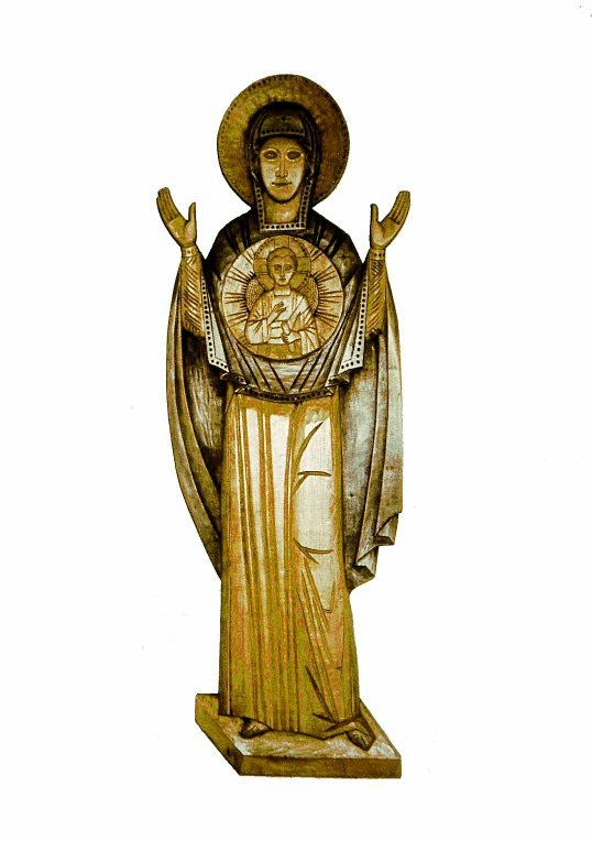 Sculpture sur bois d'une vierge orante